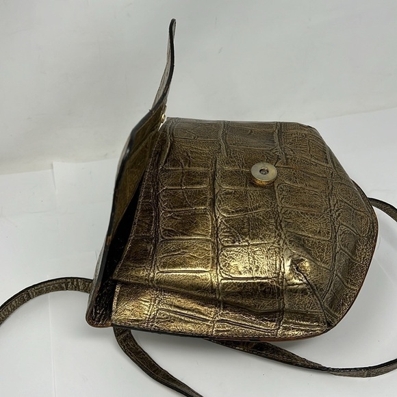 Carlos Falchi Structured Crossbody Goldtone Pewter Croc Embossed Leather Bag - Picture 3 of 15